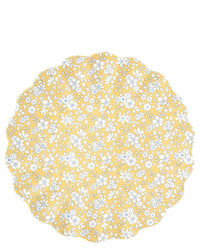 The Meri Meri X Liberty Mixed Set Reusable Large Plates feature a round, scalloped-edge design with a yellow background and white floral Liberty-inspired patterns of small flowers and leaves.