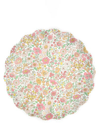 The Meri Meri X Liberty Mixed Set Reusable Large Plate features a round, scalloped-edge design with a vibrant floral Liberty print of pink, yellow, and green flowers and leaves on a white background.