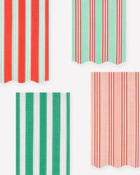 Four rectangular Festive Stripe Guest Towels by Meri Meri—featuring vertical stripes in red and mint, mint and red, green and white, and peach and red—are arranged on a white background.