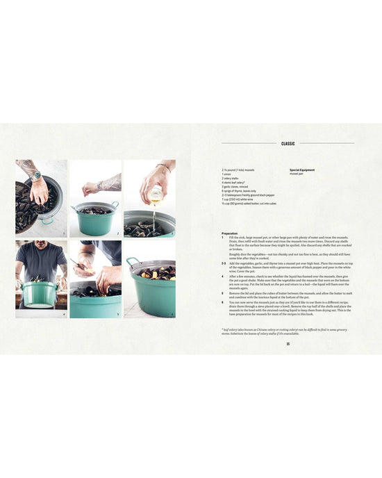 On the left, a step-by-step photo collage shows cooking Mussels by Simon & Schuster in a green pot; on the right is a classic recipe with ingredients and instructions in black text, inspired by cookbook author Sergio Herman.