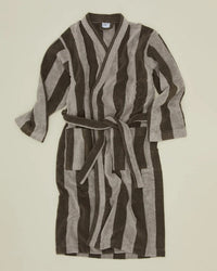 A Hawkins New York Simple Striped Terry Bathrobe in light grey/dark grey, featuring long sleeves, two pockets, and a matching fabric belt, is laid flat on a light background. Made from 100% cotton for comfort.