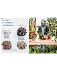 A page features four soil mixes with descriptions on the left, and on the right, Hilton Carter repots a plant indoors. Product shown: "Propagation Handbook" by Simon & Schuster.