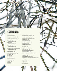 The Propagation Handbook by Simon & Schuster features a table of contents over a close-up of thin-leaved branches, outlining planting, care, propagation methods, tools, and Hilton Carter-inspired gardening features.