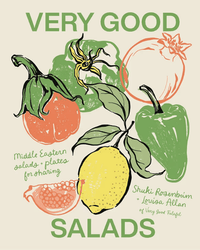 Illustrated cover featuring tomatoes, bell pepper, lemon, pomegranate, and herbs. “Very Good Salads” highlights Middle Eastern and Mediterranean salads for sharing from Random House.