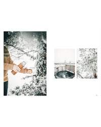 Wearing a brown sweater, someone pours a drink from a thermos into a mug outdoors in the snow. Inset images feature Cozy Publishing’s “Outdoor Chic” spa pool on a wooden deck and a winter landscape.