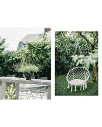 Left: The Outdoor Chic setting by Cozy Publishing features a modern dining area with wire chairs and a large potted plant. Right: A white hanging chair with cushion overlooks the lush garden and spa pool for ultimate relaxation.