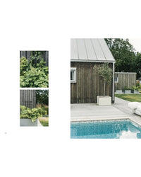 Create a stylish outdoor retreat with Outdoor Chic by Cozy Publishing: features include a wood building, spa pool, and greenery in white planters—perfect for a trendy, modern space.