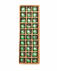 A creative-coop box contains 30 round green mercury glass ornaments, each 1 inch, separated for safe storage—perfect for decorating your Christmas tree.