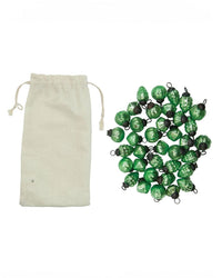 A beige drawstring pouch from creativeco-op holds 36 green mercury glass ornaments, each with a metal loop—perfect as unique Christmas tree decorations or miniature festive embossed ornaments for your display.